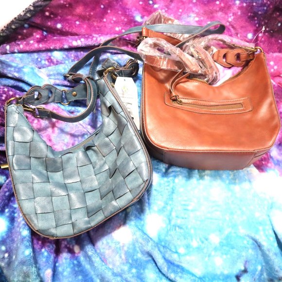 WOVEN BAG Crossbody Shoulder Time and Tru Alice Blue Tan Fall Medium Hobo Slouch - Picture 1 of 8